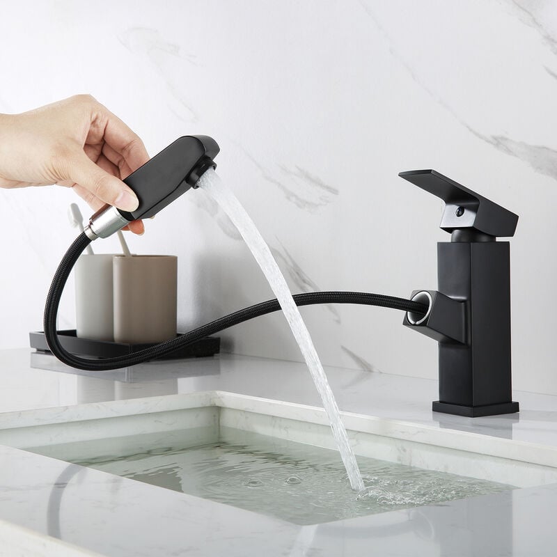 Nero Rubinetto Lavabo con Doccetta Estraibile, Rubinetti Monocomando Bagno in Ottone, Regolazione a Caldo e Freddo, Aeratore Rimovibile - Auralum