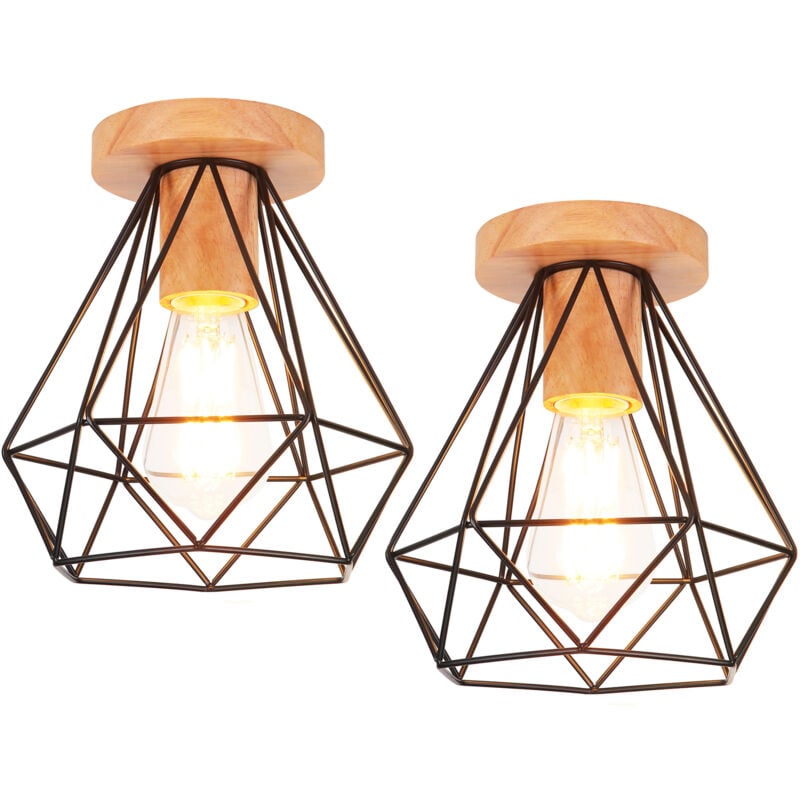 2X) Luminaire Plafonnier En Bois Et Métal Plafonniers Modernes Lampe De Plafond Rétro Plafonniers D'Intérieur Noir Pour Chambre à Coucher Cuisine