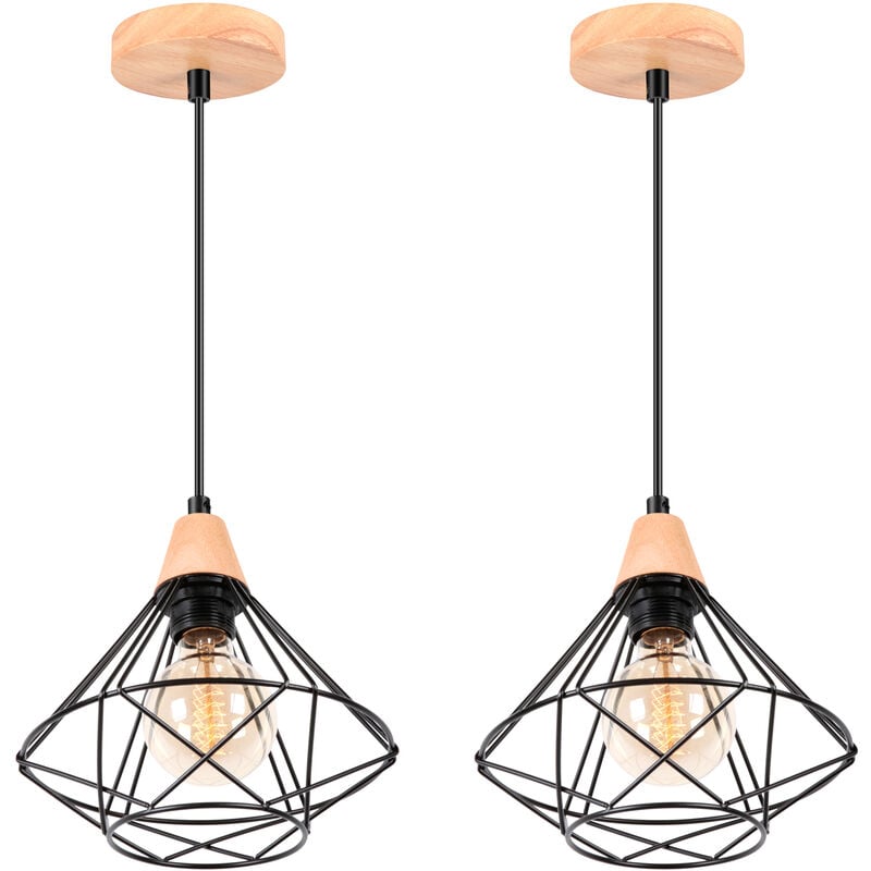 2x Lustre Suspension Cage Design en Métal et Bois Rétro Lampe Plafonnier Luminaire pour Chambre Couloir Escalier Noir