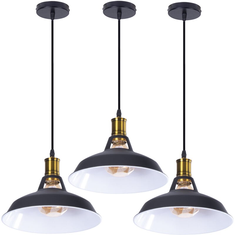 2X Metal Hanging Ceiling Light Industrial Pendant Lamp Ø27cm Retro Chandelier for Kitchen Island (Black & White)