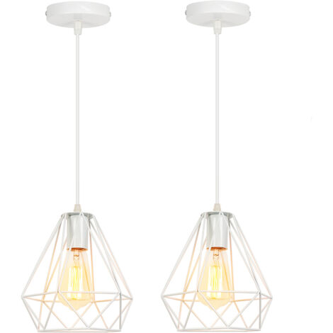 2X Métal Diamant 20CM Lustre Industriel Vintage Lampes Suspendues Rustique Plafonnier Moderne Pour Salle À Manger Décoration Intérieure Blanc