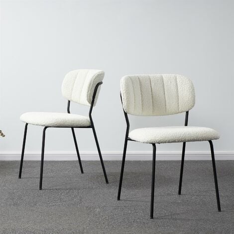 2x Modern Dining Chairs White Boucle Upholstered Seat with Black Legs
