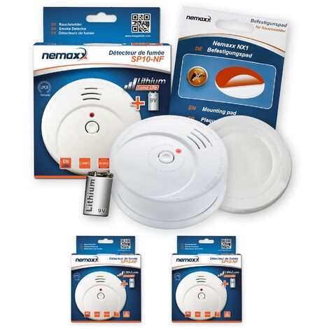 2x Nemaxx SP détecteurs de fumée durable avec 10 ans pile au lithium 9V - DIN EN 14604 : 2005/AC : 2008 certifié + NX1 patin de fixation auto-adhésive