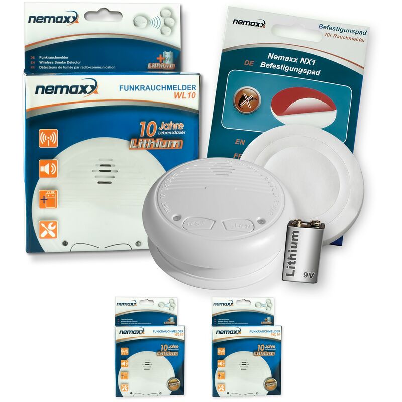 

2x Nemaxx WL10 detector de humo inalámbrico - con 10 años de batería de lítio- de acuerdo con la norma DIN EN 14604 + 2x NX1 Pad de fijación de