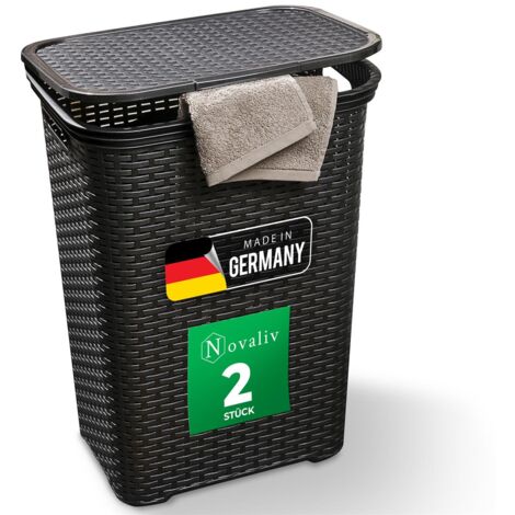 2x Novaliv Wäschekorb  2 Stück Rattan Wäschekorb mit Deckel 60L Schwarz