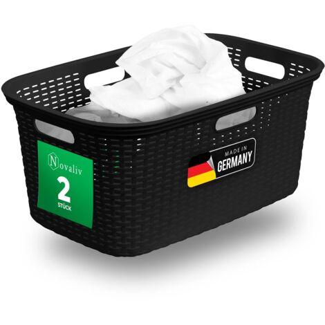2x Novaliv Wäschekorb  2 Stück Rattan Wäschekorb mit Deckel und vier Griffen 40L Schwarz