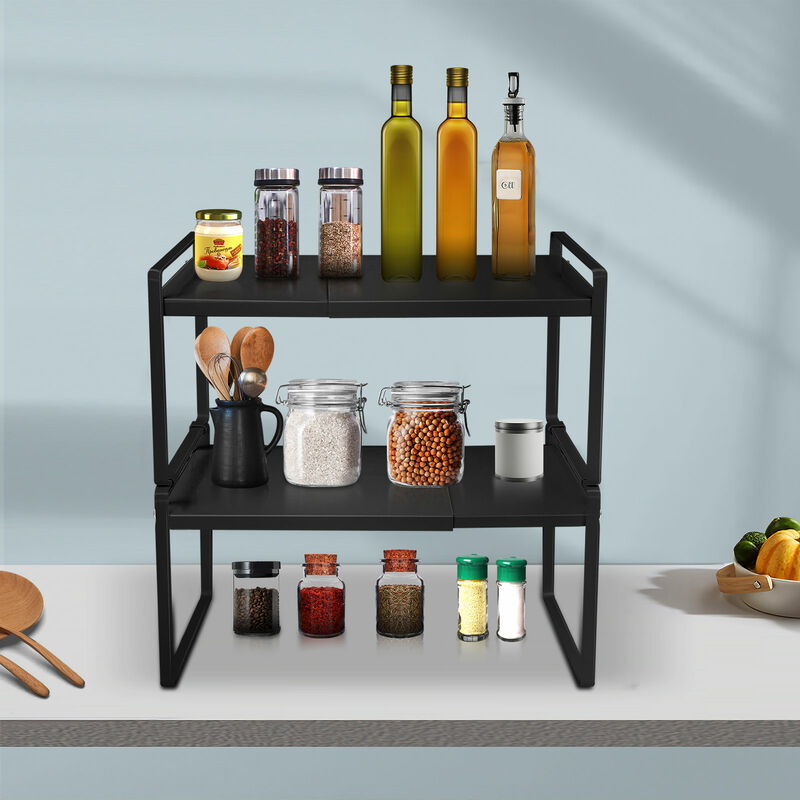 2X Organizador De Cocina Encimera Estante De Especias Estante De Almacenamiento De Metal Extensible 36-60X21X36.5Cm Negro