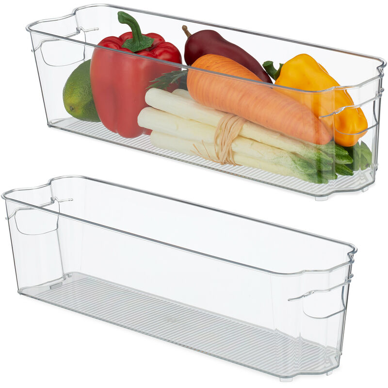 Image of 2x Organizer da Frigorifero, Contenitore da Cucina, Box per Alimenti, 10 x 38 x 10,5 cm, con Manici, Trasparente