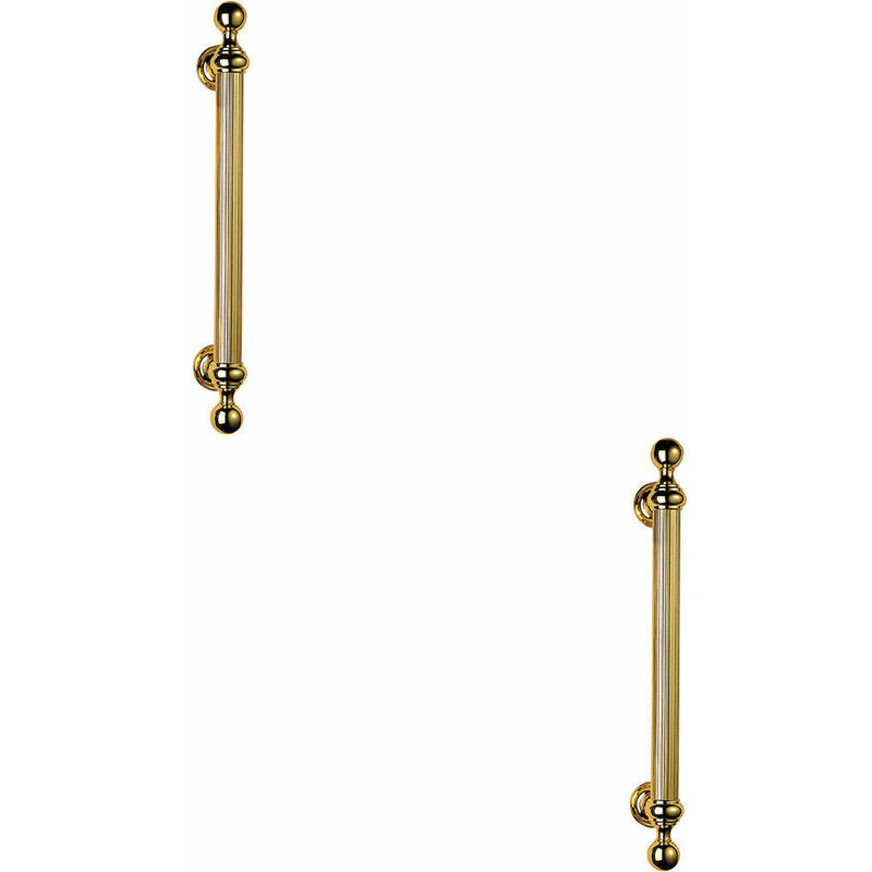 2x Ornate Pull Handle with Reeded Grip 353mm Fixing Centres Polished Brass