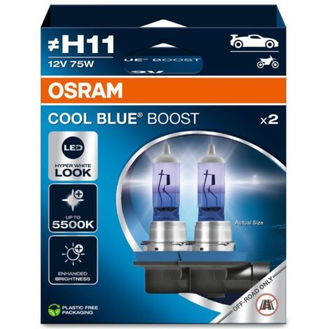 2x OSRAM H11 75W COOL BLUE BOOST, Lampe de phare halogène, 62211CBB-2HB, 12V, PGJ19-2 boîte duo