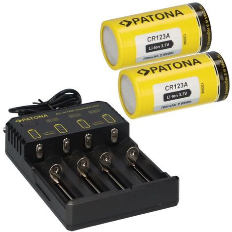 2x PATONA Li-Ion 3,7V Akku CR123A 700mAh 2,59Wh + Lader