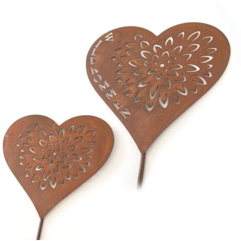 2x pique de jardin Cœurs Bienvenue Cœur rouille noble Fleurs Set de jardin Décoration de jardin Rouille Connecteur - brun
