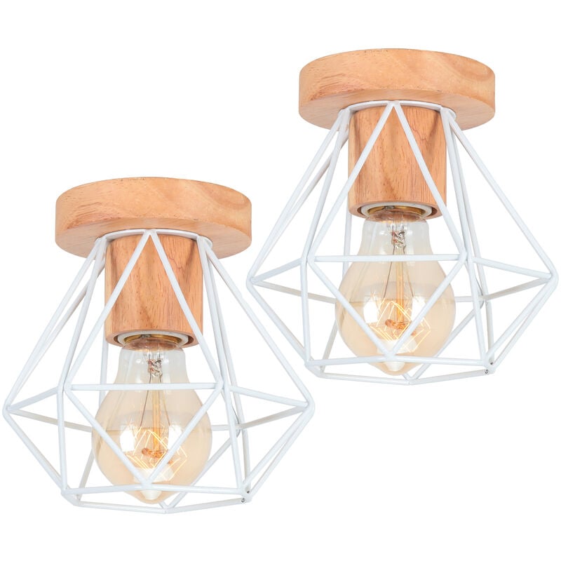 Wottes - 2x Plafonnier Industriel Rétro Créatif fer Diamant Cage Lampe de Plafond en Bois Blanc