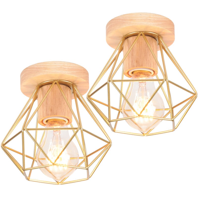 2x plafonnier industriel rétro créatif fer diamant cage lampe de plafond en bois doré