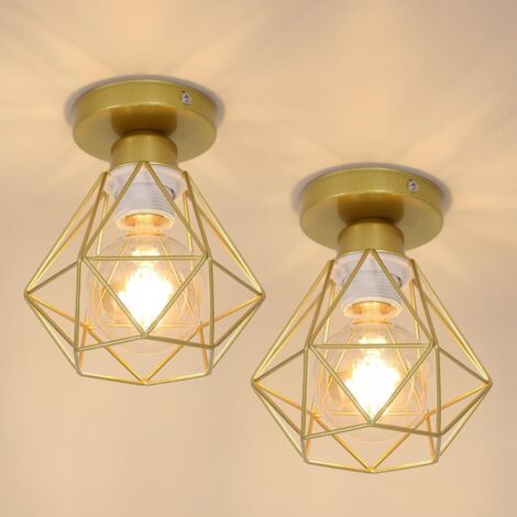 2x Plafonnier Industriel Vintage, E27 Suspension Luminaire Rétro Design Métal Cage, Diamant Fer Lampe de Plafond, Pour Salon Cuisine Chambre, Ø16cm Doré