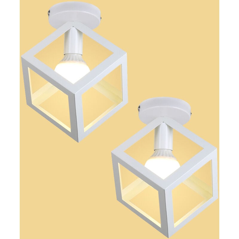 2x Plafonnier Industrielle Cage Cube Carré en Métal Fer Rétro lustre Suspension Luminaire E27 Blanc