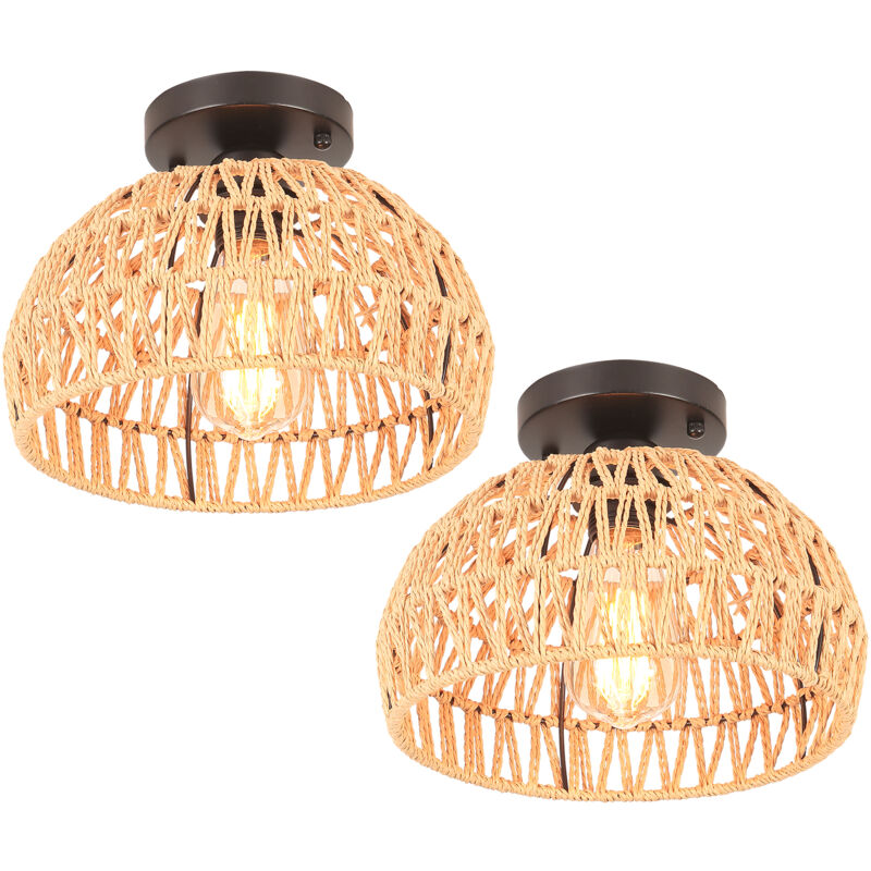 2X Plafonnier Rétro E27 Luminaire Plafonnier En Corde De Chanvre Tressée, Abat-Jour Cage Rond En Métal Ø25CM, Lampe De Plafond D'Intérieur (Noir)