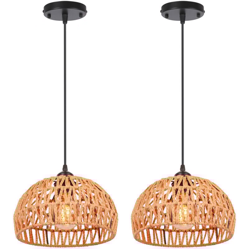 Norcks - 2X Plafonnier Rétro E27 Suspension Luminaire En Corde De Chanvre Tressée, Abat-Jour Cage Rond En Métal Ø25CM, Lustre D'Intérieur (Noir)
