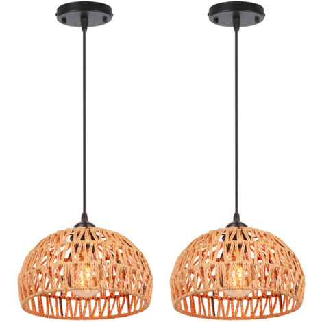 2X Plafonnier Rétro E27 Suspension Luminaire En Corde De Chanvre Tressée, Abat-Jour Cage Rond En Métal Ø25CM, Lustre D'Intérieur (Noir)