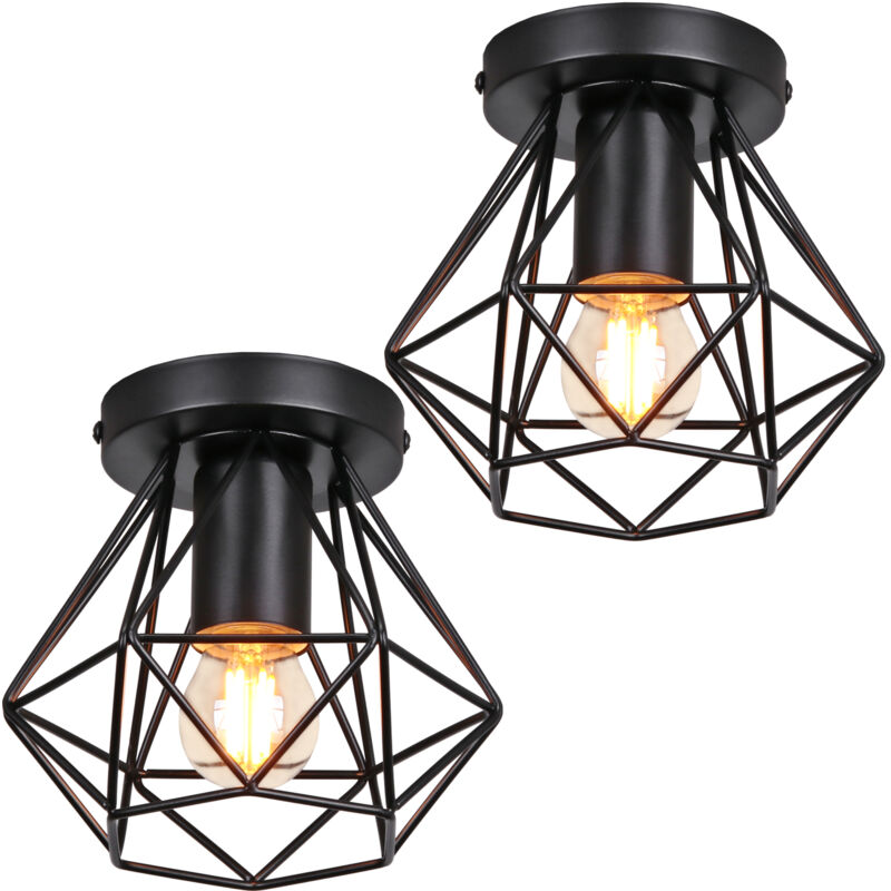 (2X) Plafonnier Rétro Lampe De Plafond D'Intérieur Vintage Noire Luminaire Plafonnier Cage En Fer Métallique , Pour Cuisine, Bureau