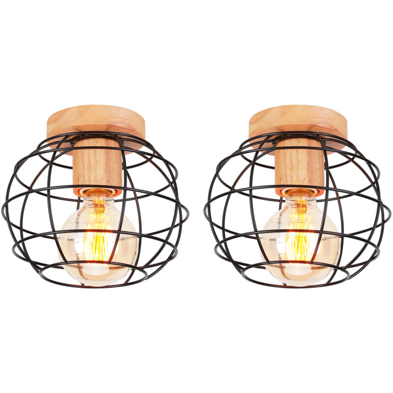 2X) Plafonnier Rétro Lampe De Plafond Modernes Luminaire Plafonnier En Bois Et Métal Plafonniers D'Intérieur Noir Pour Chambre à Coucher Cuisine