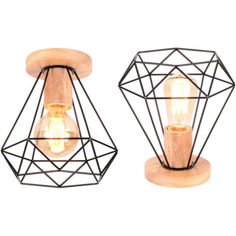 2X) Plafonniers Modernes Luminaire Plafonnier En Bois Et Métal Lampe De Plafond Rétro Plafonniers D'Intérieur Noir Pour Chambre à Coucher Cuisine