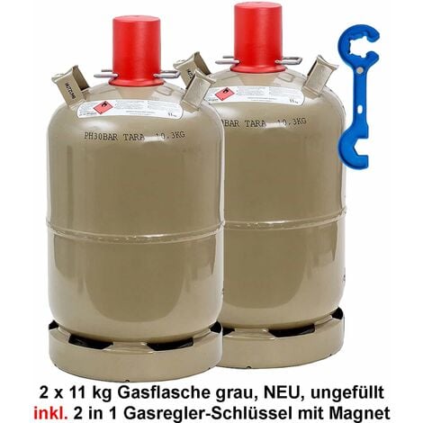 Propan-Gasflasche, 11 kg Neu, leer, grau inkl. Gasschlauch 150 cm,  Campingregle
