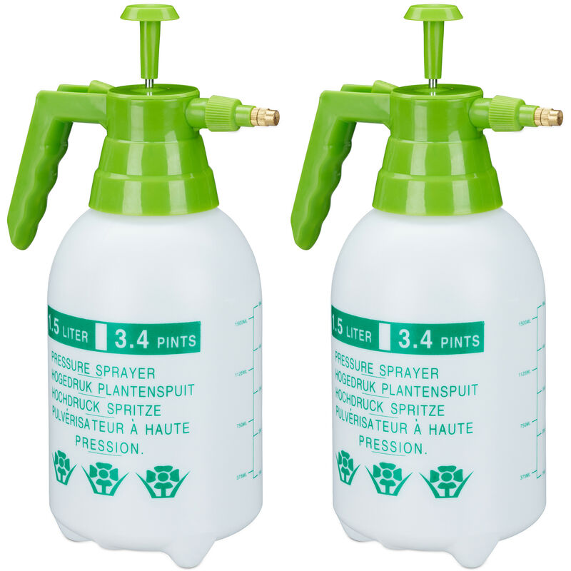 Relaxdays - 2x Pulvérisateur 1,5 litre buse réglable en laiton pour plantes jardin produits ménagers pe, blanc/vert
