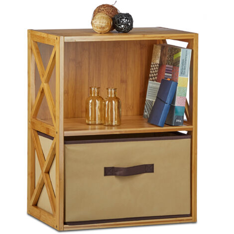 2x Regal Bambus mit Korb, 2 Ablagen, Holz Standregal, Badregal, Faltbox, HxBxT: 54 x 42 x 29 cm, natur braun