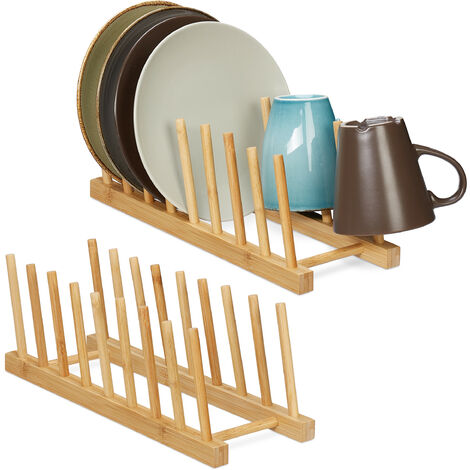 2x Relaxdays Plate Rack, for 8 Dishes, Pan Lid & Chopping Board Holder, Dish Drainer Stand for the Sink, Bamboo, Natural