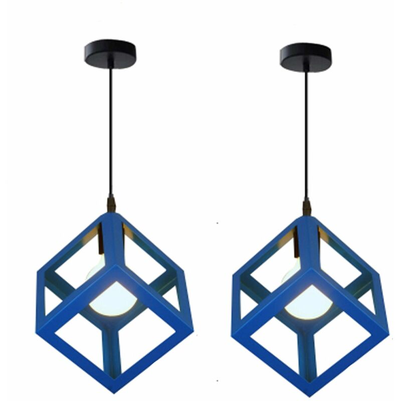2X Retro Ceiling Light Modern Hanging Lamp Square Pendant Light (Color:Blue) Metal Iron Cage Pendant Light Creative Geometric Pendant Lamp