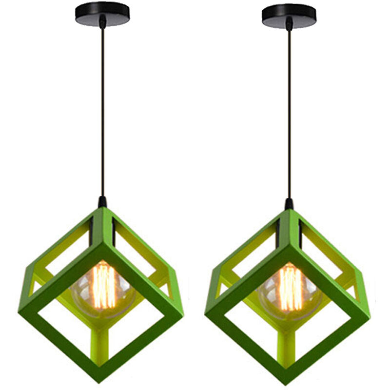 2pcs Creative Pendant Light Square, Modern Metal Geometric Hanging Ceiling Lamp Cube Cage Chandelier Fixture (Green)
