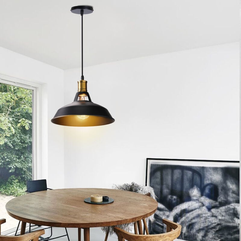 Vintage Pendant Light, Antuique Hanging Light with Dome Metal Lampshade, Retro Industrial Chandelier for Kitchen Island Ø27cm Black, 1PCS