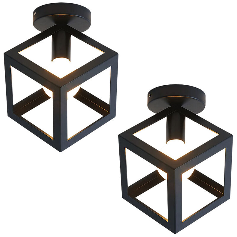 2pcs Vintage Ceiling Lighting Fitting, Cube Metal Ceiling Lamp, Industrial Geometric Chandelier with Lampshade for Living Room Hallway (Black)