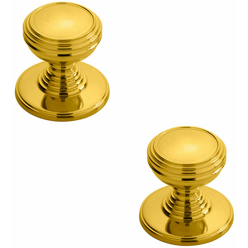 2x Ringed Tiered Cupboard Door Knob 30mm Diameter Polished Brass Cabinet Handle