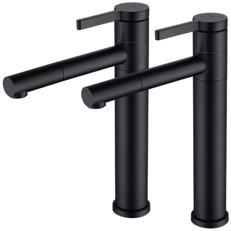 2X Robinet de Salle de Bain Noir Haut Bec Mitigeur de Lavabo pour Vasque Pivotant 360° Robinetterie de Lavabo en Acier Inox Design Moderne
