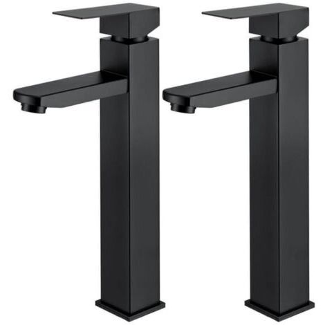 2X Robinet Salle Bain Noir Robinet de Lavabo Haut Mitigeur lavabo avec Poignée Carrée Robinetterie Lave Mains acier inoxydable