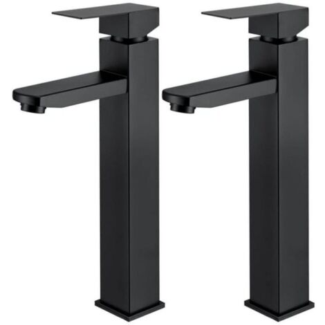 2X Robinet Salle Bain Noir Robinet de Lavabo Haut Mitigeur lavabo avec Poignée Carrée Robinetterie Lave Mains acier inoxydable