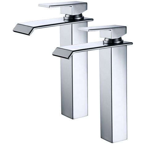 2x Robinets Salle de Bain Cascade Mitigeurs de Lavabo Bec Haut Robinets de Lavabo Chromé Robinetteries Lavabo en Acier Inox pour Vasque Design Moderne