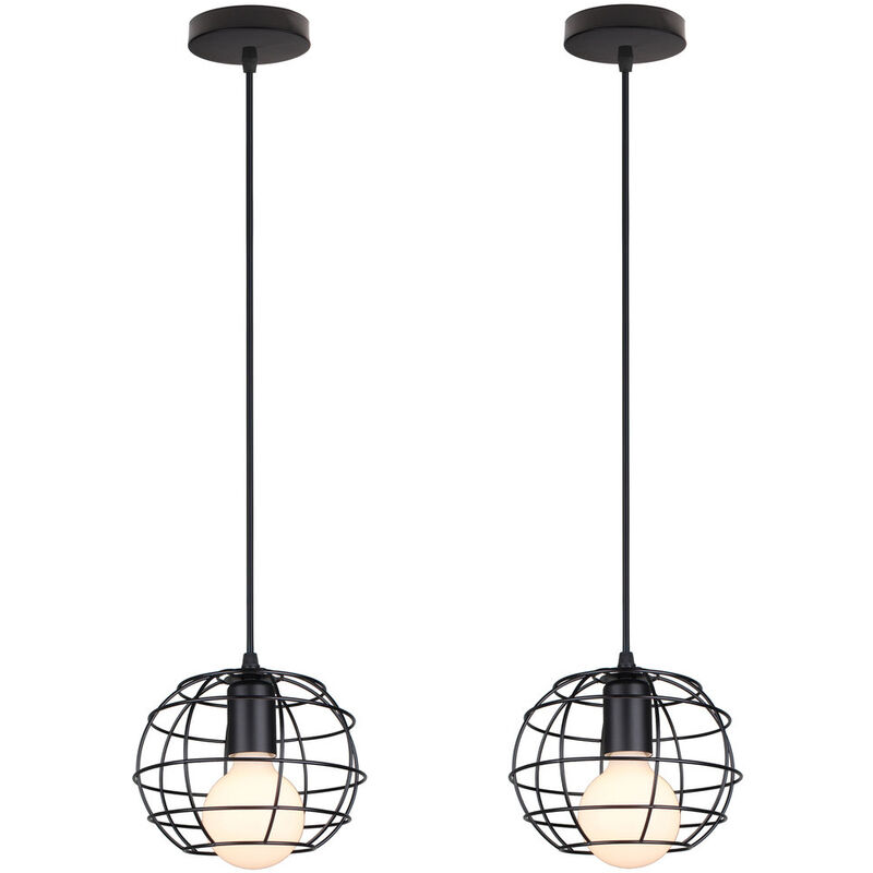 2X Round Cage Pendant Light Antique Industrial Ceiling Lamp Metal Pendant Lamp for Cafe Bar Club Black E27 Bulb