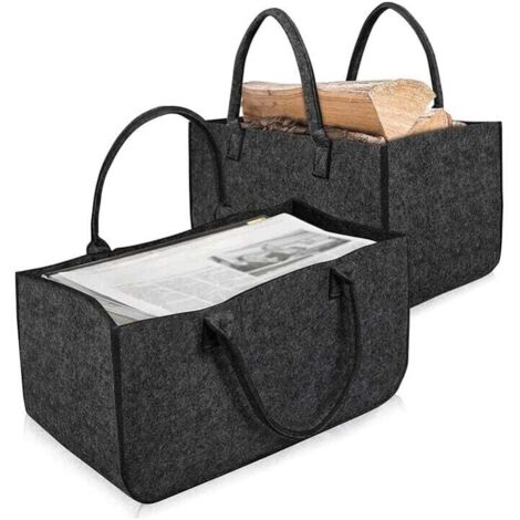 2X sac en feutre, Pliable panier buche transportable polyvalent et grande taille Avec anses Pour bois de cheminée, journaux et boutique, Gris foncé