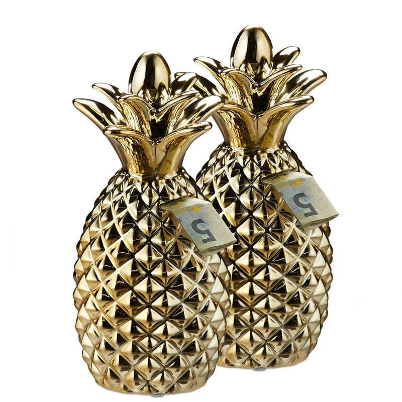 Relaxdays - Set of 2 Pineapple Money Boxes, Ceramic Piggy Bank, Notes & Coins, Home Décor, Gift, HxW 24 x 10.5 cm, Gold