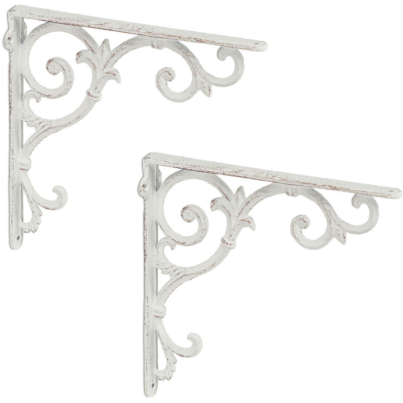 Relaxdays - 2x Shelf Brackets, Cast Iron, Rack Support, Vintage Motif, hwd: 24.5 x 4 x 24.5 cm, Angle for Shelves, White
