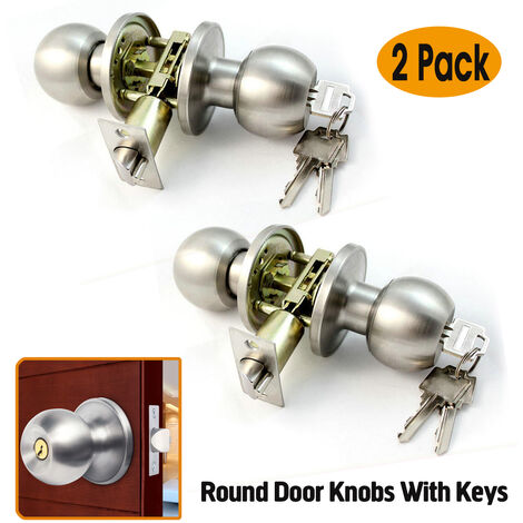 2x Stainless Steel Round Door Knob Handle Entrance Passage Lock Latch W/ Key Set