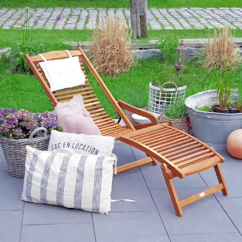 CASARIA® 2x Chaises longues en bois d'acacia Bain de soleil ergonomique avec appui tête Transat jardin Repose pieds amovible