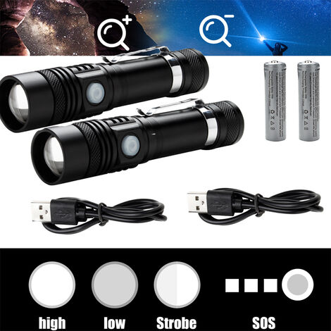 2x Superhelle Taschenlampe CREE LED 80000LM USB wiederaufladbare Taktisches Fackel - Schwarz