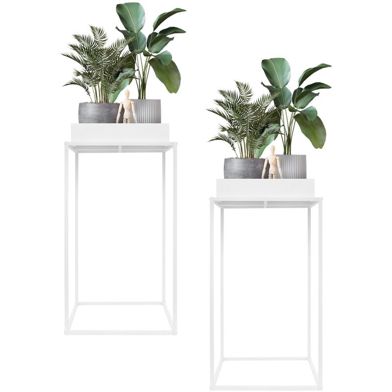 Ml-design - 2x Supports Plantes, Métal Blanc, 45x45x80 cm, Carré, Empilable, Surface de Dépôt avec Bord Élevé, Plateau Amovible, Intérieur/Extérieur,