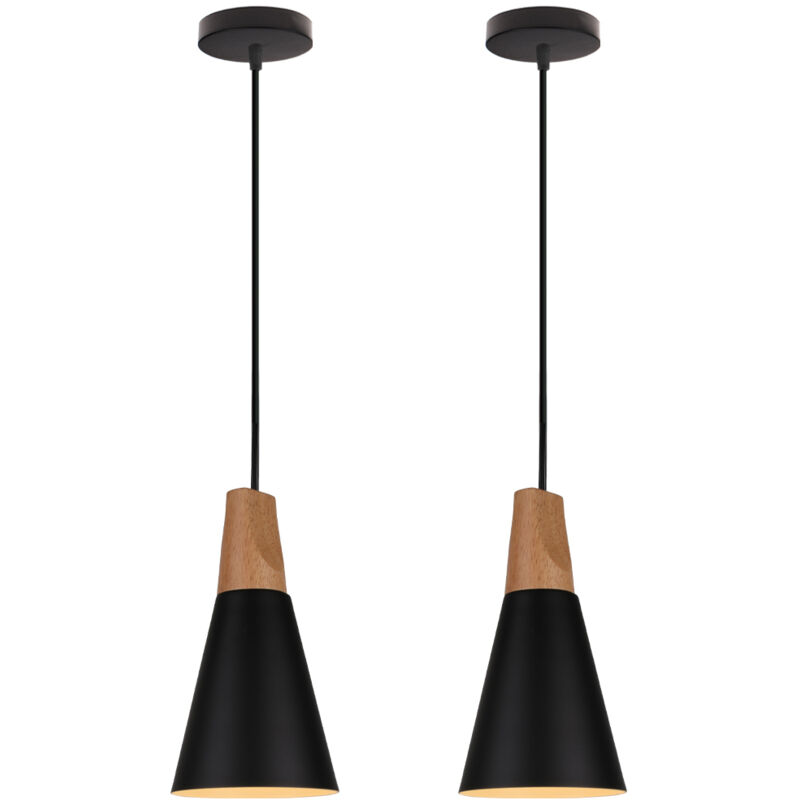 Stoex - 2X Suspension Luminaire Moderne Noire, Abat-Jour En Métal Et Bois, Suspension Lustre Nordique Rétro, Ampoule Non Incluse