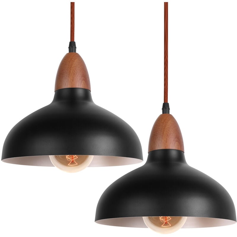 Norcks - 2X Suspension Lustre Rétro E27 Lustre En Bois, Abat-Jour En Métal Ø19CM, Plafonnier Moderne Pour Salle à Manger Chambre Café, Noir