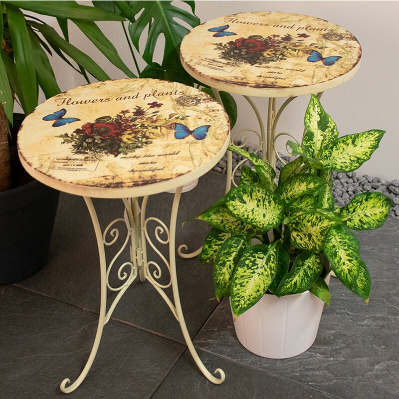 Etc-shop - 2x table d'appoint bistrot fleurs terrasses mobilier d'extérieur papillon blanc Shabby